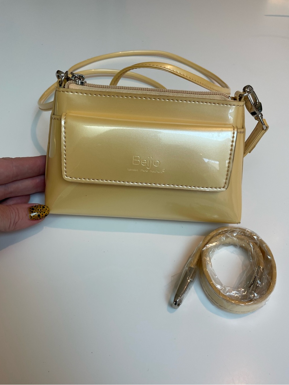 Beijo glossy yellow patent leather mini convertible crossbody wristlet bag
